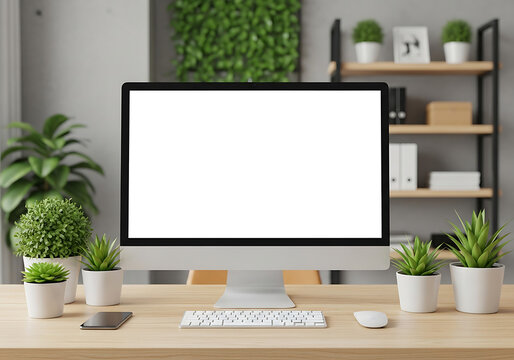 Modern office workspace featuring desktop computer with blank screen, keyboard, mouse, phone, and green plants on wooden desk.