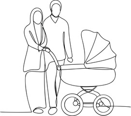 Muslim family walks with stroller line art design