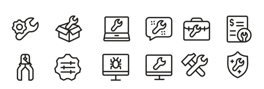 Repair and Fix line icon set featuring editable, pixel-perfect tools and symbols. Includes professional, minimal, and modern vector illustrations ideal for repair themes.