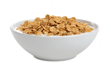 A white bowl filled with crunchy wheat flake cereal and fresh white milk