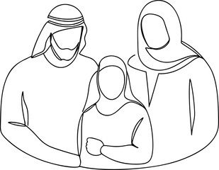 One line drawing of a Muslim family