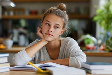 Pensive caucasian teenage girl studying at home with books in kitchen