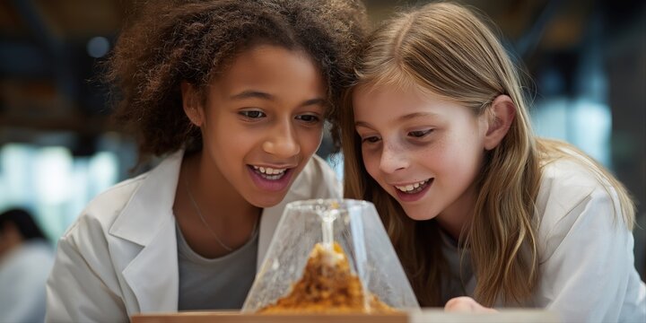 Diverse young students conducting exciting volcano experiment in classroom