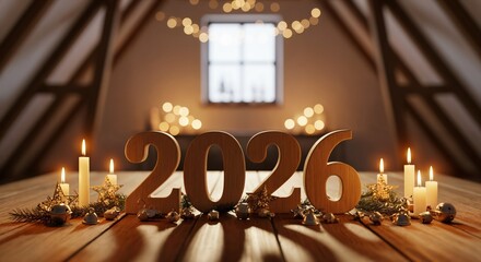 Wooden numbers 2026 with festive Christmas decorations and lit candles on a cozy wooden table, celebrating the New Year in a warm, inviting room.