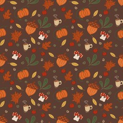 A warm, cozy Fall Pumpkins, leaves, and Autumn Elements Seamless Pattern. Perfect for seasonal packaging, textiles, scrapbooking, wallpapers, gift wrap, and digital art.