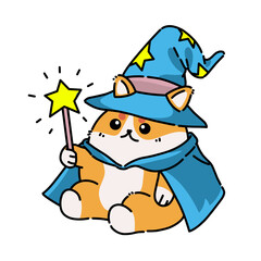 magical cartoon cat wearing a wizard hat and cape holding a glowing wand.