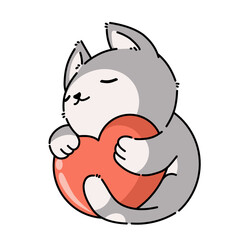 sweet cartoon dog hugging a red heart.
