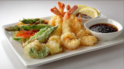 Crispy Shrimp and Vegetable Tempura Platter with Soy Dipping Sauce and Lemon Slices