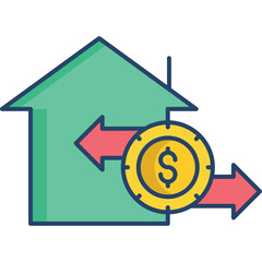 Green house icon with gold coin and red arrows indicating money flow for real estate transactions in simplified vector graphic style