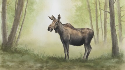 Fototapeta premium Serene moose portrait watercolor illustration peaceful forest clearing nature art design stock photo