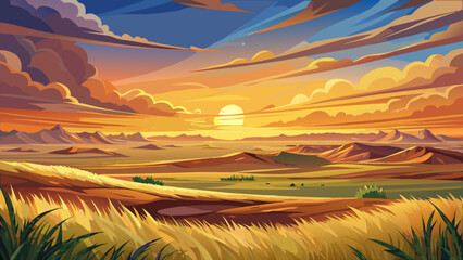 Very beautiful vast prairie glowing under golden sunset hues, showcasing sweeping grasslands beneath the expansive North Dakota sky, creating a serene twilight travel landscape filled with warm light 