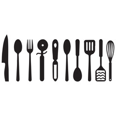 Kitchen Tool Icon Collection Knife, Spoon, Fork, Pizza Cutter, Peeler & Cooking Utensils in Vector Silhouette