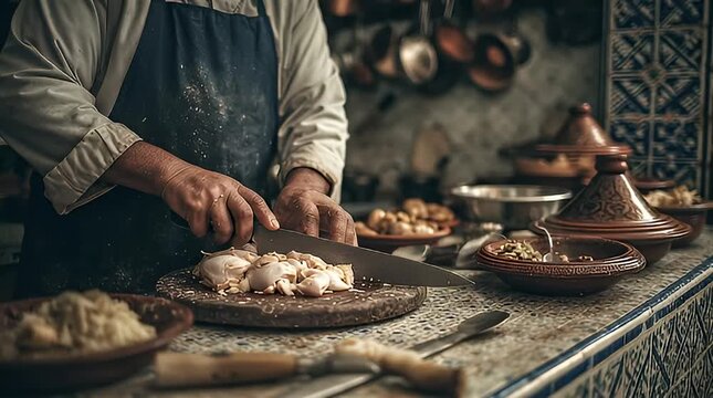 Chef preparing food in a kitchen, slicing raw meat on a cutting board with a knife, surrounded by tajines and ingredients