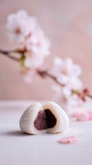 Delicate Mochi Dessert With Red Bean Filling Dusted In White Sugar Beside Cherry Blossoms