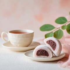 Delicate Mochi Dessert With Tea Cup and Eucalyptus Leaves Soft Pastel Background