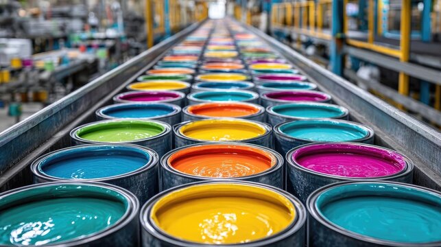 Vibrant paint cans arranged in factory concept. Vibrant paint cans lined up in a factory setting, showcasing colors.