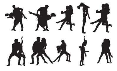 set colored silhouettes of dancing couples .