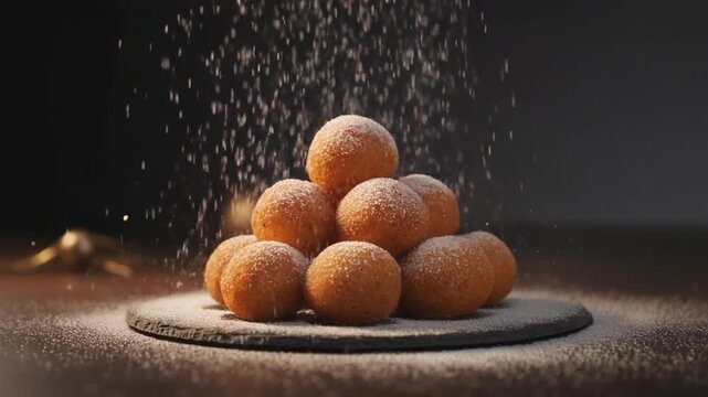 Powdered sugar gracefully falls on a delicious pyramid of fresh doughnuts.