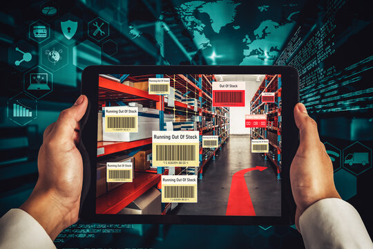 Smart warehouse management system using augmented reality technology to identify package picking and delivery . Future concept of supply chain and logistic business .