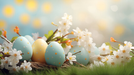Easter eggs on soft light bokeh background. Presents Spring holiday, product photography, posters, branding.
