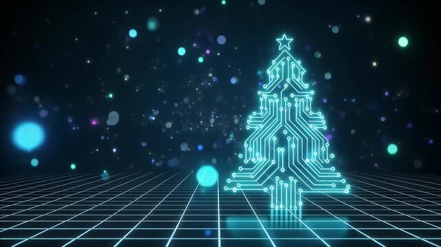 Digital Christmas Tree Circuit Board Hologram on Grid Background