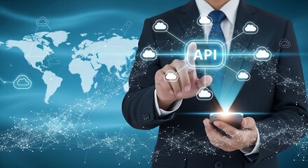 Businessman using API on smartphone with cloud network and world map background.