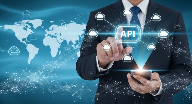 Businessman using API on smartphone with cloud network and world map background.