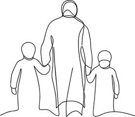 Single line drawing of father and children walking