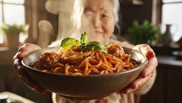 Grandma's delicious homemade spaghetti and meatballs recipe, inviting you to savor the warmth and comfort of a family meal in a cozy home