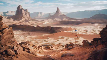 Naklejka premium Panoramic view of a remote desert landscape featuring towering sandstone formations, vast undulating sand dunes, and a partly cloudy sky