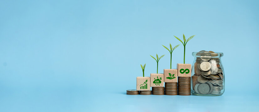 Coin stacks with wooden eco icons and growing plants Concept for sustainable finance, green investment, carbon reduction, green business and long-term environmental growth on a clean blue background.