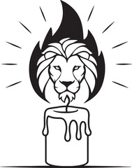 Line-art lion flame above melting candle, bold black and white symbolic outline illustration