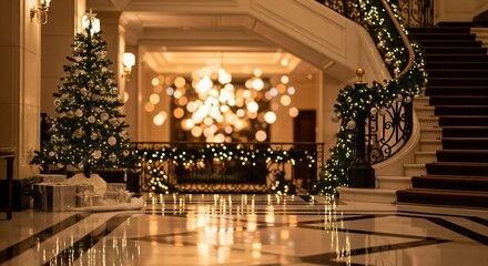 Luxurious hotel lobby decorated for Christmas with a grand staircase, festive tree, and warm lights creating a magical holiday atmosphere