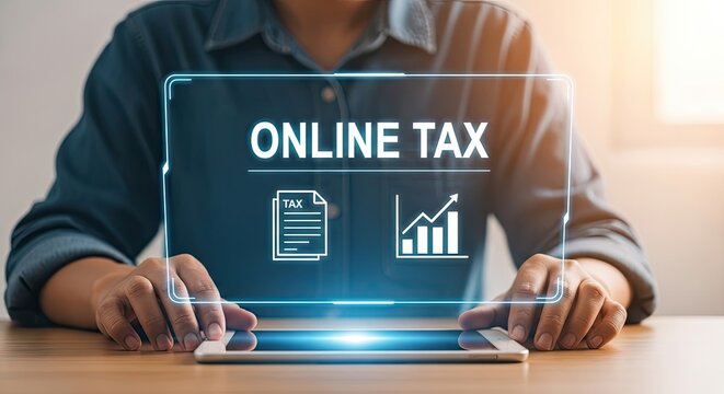 Person using tablet with digital online tax interface and icons