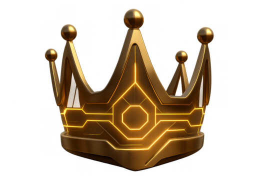 Gold futuristic crown glowing with neon circuit lines, symbolizing technology, power, gaming, and triumph. Transparent background