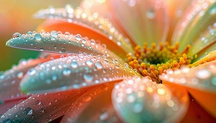 Close-up view of an orange and yellow flower covered in water droplets, with a soft, blurred background.