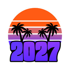 A vibrant tropical themed design featuring 2027 with palm trees and a sunset, perfect for graduation events with a beachy or retro feel isolated on