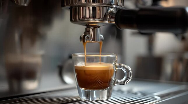Close-up shot of espresso coffee pouring into a glass cup with a double wall in a cafe setting