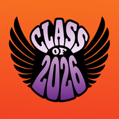 A symbolic graphic for the class of 2026, featuring winged lettering in shades of purple and black against an orange backdrop, embodying knowledge and upward mobility
