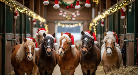 Five adorable ponies wearing festive Santa hats standing in a decorated horse stable during the Christmas holiday season