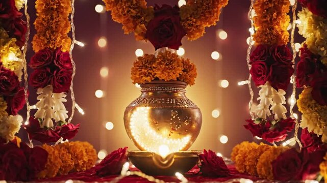 Festive Karva Chauth Kalash Pot Decorated with Marigold and Rose Garlands