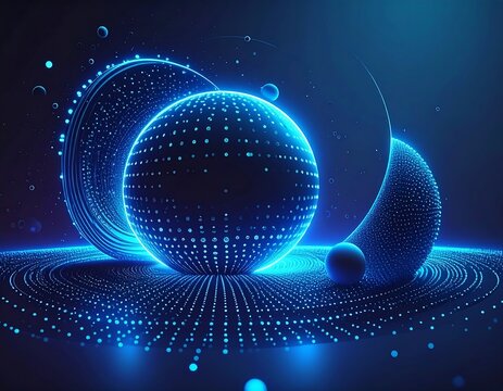Glowing blue spheres and rings suggesting futuristic digital concepts