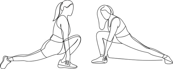 Woman fitness stretching exercise continuous line drawing