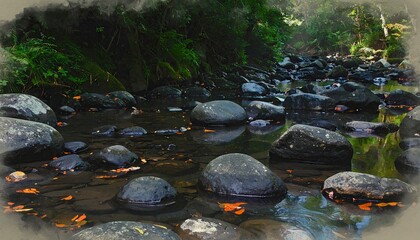 Serene Creek Bed - Rocks and Reflections in Natures Embrace.