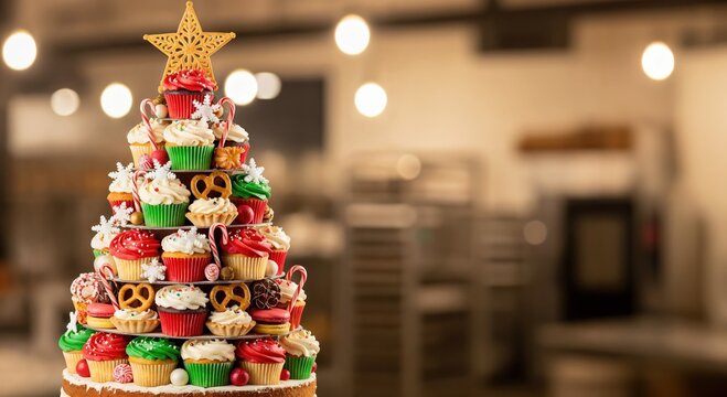Festive Christmas Tree Shaped Cupcake Display with Golden Star Topper in a Warm Bakery Setting