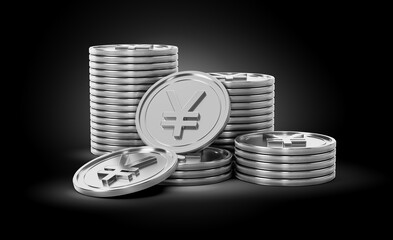 3d Stack Of Silver Japanese Yen Coins Shiny Rounded Coins Stack On dark Background 3d Illustration