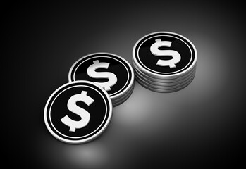 Stack Of Silver And Black United States Dollar Coins On Shiny Silver Glow Background 3d Illustration
