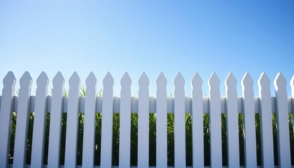Clean white picket fence against bright blue sky,  garden, fence