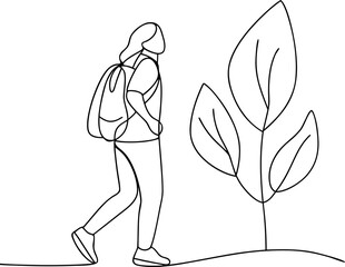 Woman walking with backpack in nature one line art