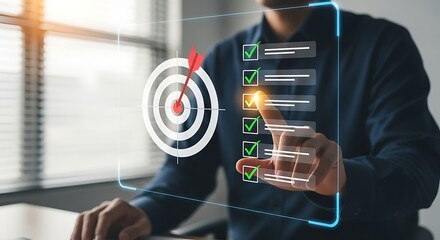 Businessman interacting with a futuristic holographic interface displaying a target and a checklist for goal achievement